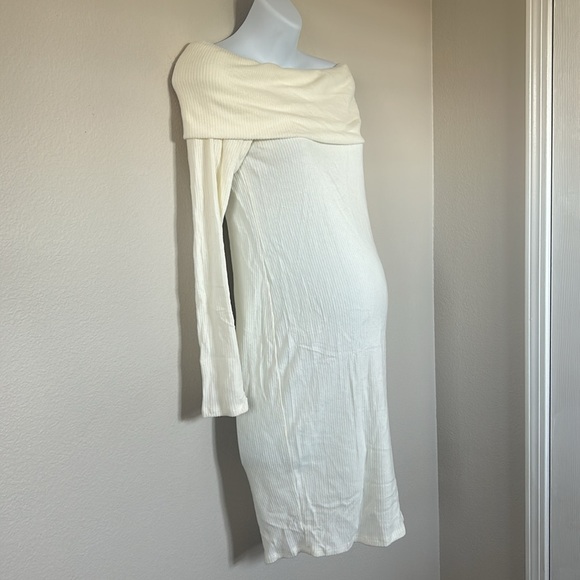 Pinkblush Off White Cream Ribbed Off-Shoulder Long Sleeve Maternity Mini Dress - Picture 7 of 10
